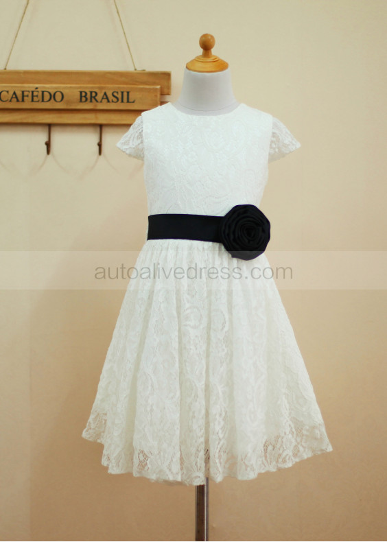 Cap Sleeves Ivory Lace Flower Girl Dress With Black Flower Sash
